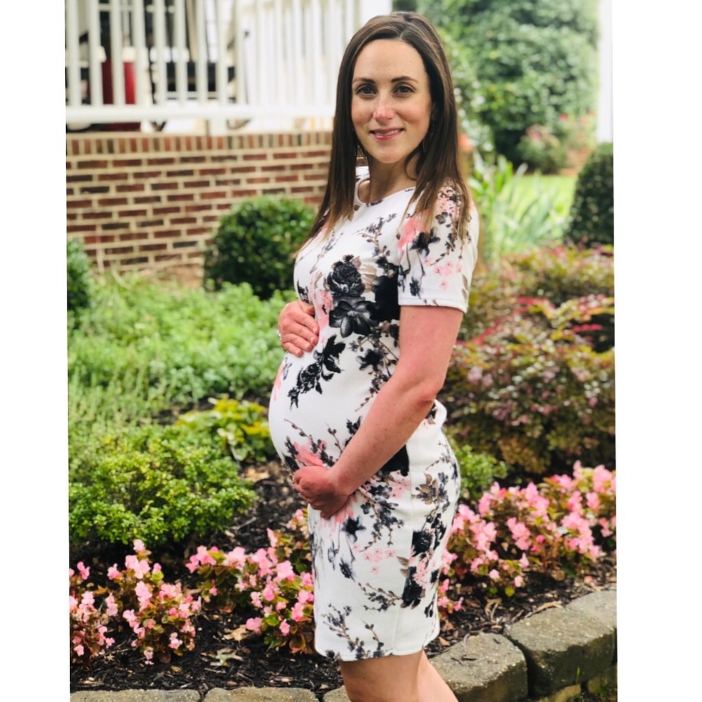 Pink Blush Petite White Floral Fitted Maternity dress